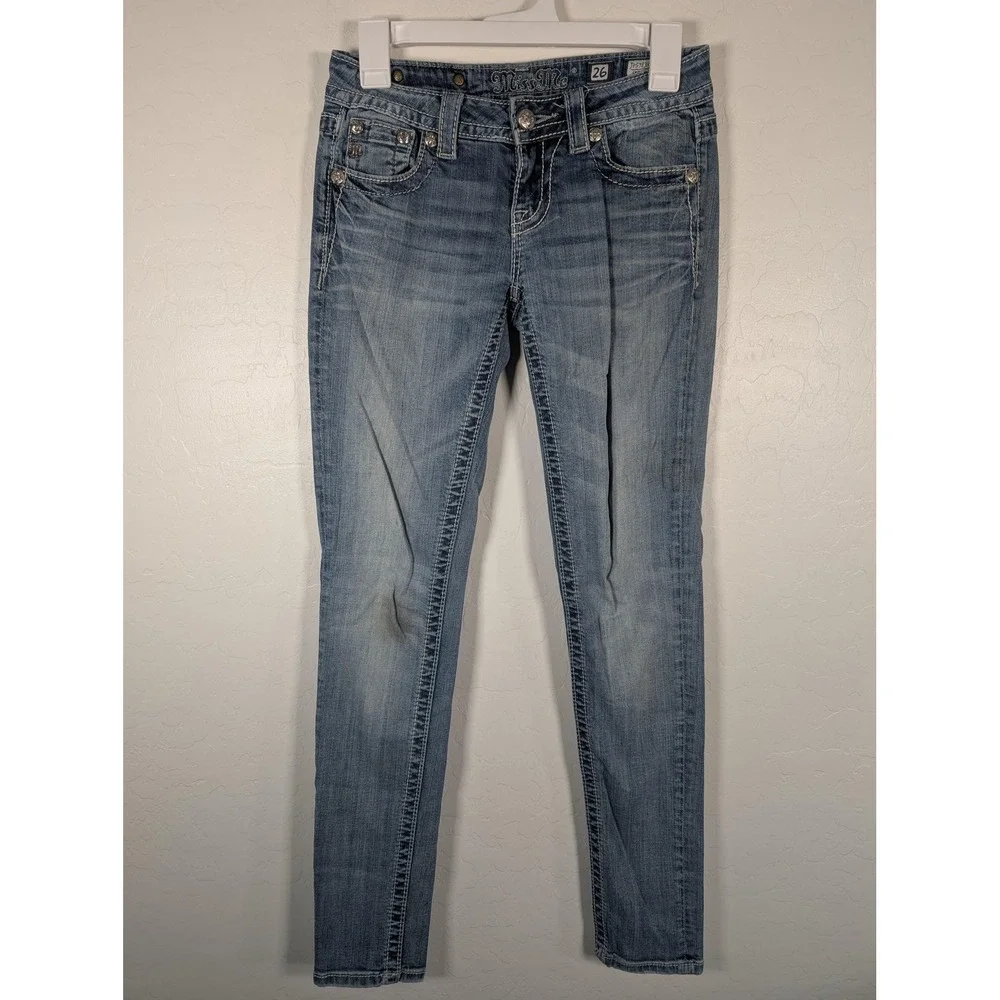 Miss Me Jeans Womens 26 Blue Skinny Stretch‎ Fleur de Lis Rhinestones JP578352